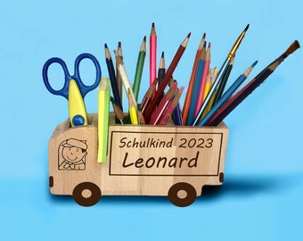 Truck pen holder with name, pen holder made of BEECH, school enrollment gift, school child 2023, kindergarten child, baptism