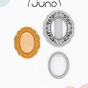 May include: A set of three 3D printed cookie cutters in the shape of an oval frame. The cutters are made of PLA plant-based plastic and are non-toxic. The cutters are silver and gold in color.