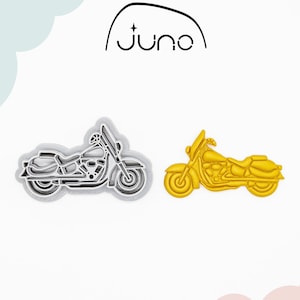 May include: A 3D printed cookie cutter in the shape of a motorcycle. The cutter is made of PLA plant-based plastic and is non-toxic. The cutter is shown in both its natural white colour and a gold colour.