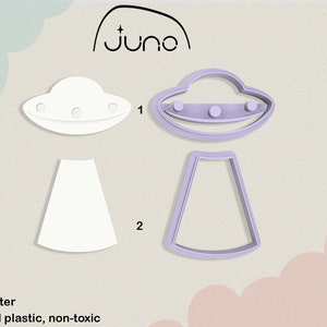 May include: Two 3D printed cookie cutters, one shaped like a UFO and the other shaped like a UFO landing pad. The cutters are made of PLA plant-based plastic and are non-toxic. The cutters are white and purple.