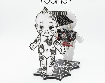 Vintage Kitsch Baby Doll Spooky Earring Display Stand, blanco y negro, percha de pendientes, estante de ropa para joyería, percha de joyería