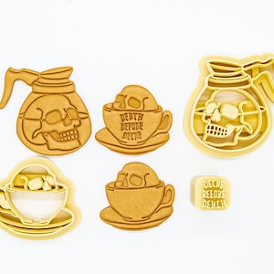 Skull Coffee Pot, Coffee Cup, Death Before Decaf Cutter Set Printed Clay, Polymer Clay, Cookie Cutter