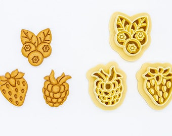 Berry Cookie Cutter Set: Raspberry, Blueberry, Strawberry, Printed Clay