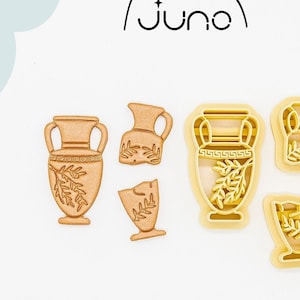 May include: Set of six 3D printed cookie cutters shaped like Greek urns with a leaf design. The cutters are made of PLA plant-based plastic and are non-toxic.