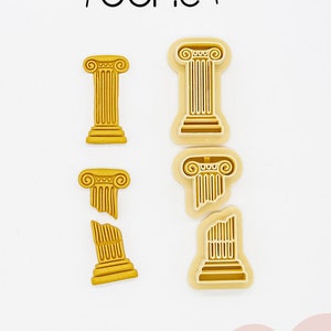 Könnte beinhalten: Gelbe 3D-gedruckte Ausstecher in Form klassischer Säulen. Hergestellt aus ungiftigem PLA-Kunststoff auf Pflanzenbasis. Das Bild enthält den Text "juno".