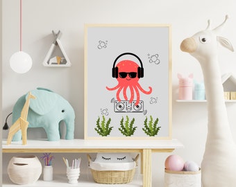 OctoJam DJ - Múltiples tamaños incluidos - Decoración de guardería, habitación de niñas, habitación de niños, habitación de niños -> ¡Descarga instantánea!