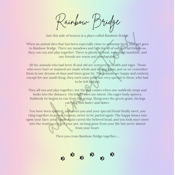 Rainbow Bridge - Dog Passing Poem - Comfort Poem 8x10 PDF -> Instant Download!