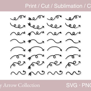 May include: A collection of 20 black and white curvy arrow illustrations. The arrows are drawn in a hand-drawn style and point to the right. The arrows are arranged in four rows of five arrows each. The text "Curvy Arrow Collection" is at the bottom of the image. The text "SVG.PNG.AI" is at the bottom right of the image.