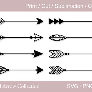May include: A set of ten black and white tribal arrow designs. The arrows are in various styles, including simple, feathered, and geometric. The designs are perfect for use in crafts, scrapbooking, and digital design.