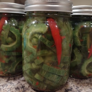 May include: Three glass jars filled with pickled green bitter melon and red chili peppers.