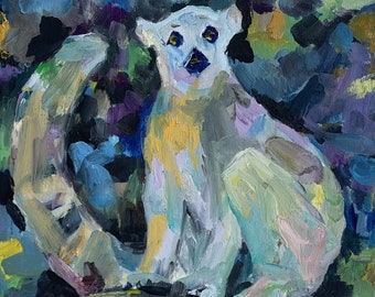 Original Lemur Oil Painting – Wildlife Wall Art – Abstract Lemur Fine Art – One‑of‑a‑Kind Oil Artwork