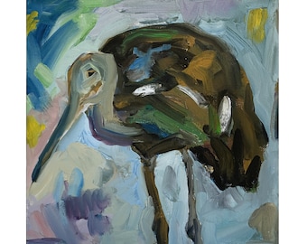 May include: A painting of a bird with a long beak and brown, green, and white feathers. The bird is painted in a loose, expressive style with visible brushstrokes. The background is a mix of blue, green, and purple.