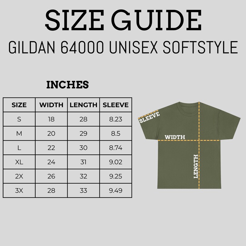 以下が含まれることがあります： Gildan 64000 Unisex Softstyle Tシャツのサイズガイド。Sから3XLまでのサイズについて、幅、丈、袖丈のインチ単位の測定値を表にしています。オリーブグリーンのTシャツが表示されています。
