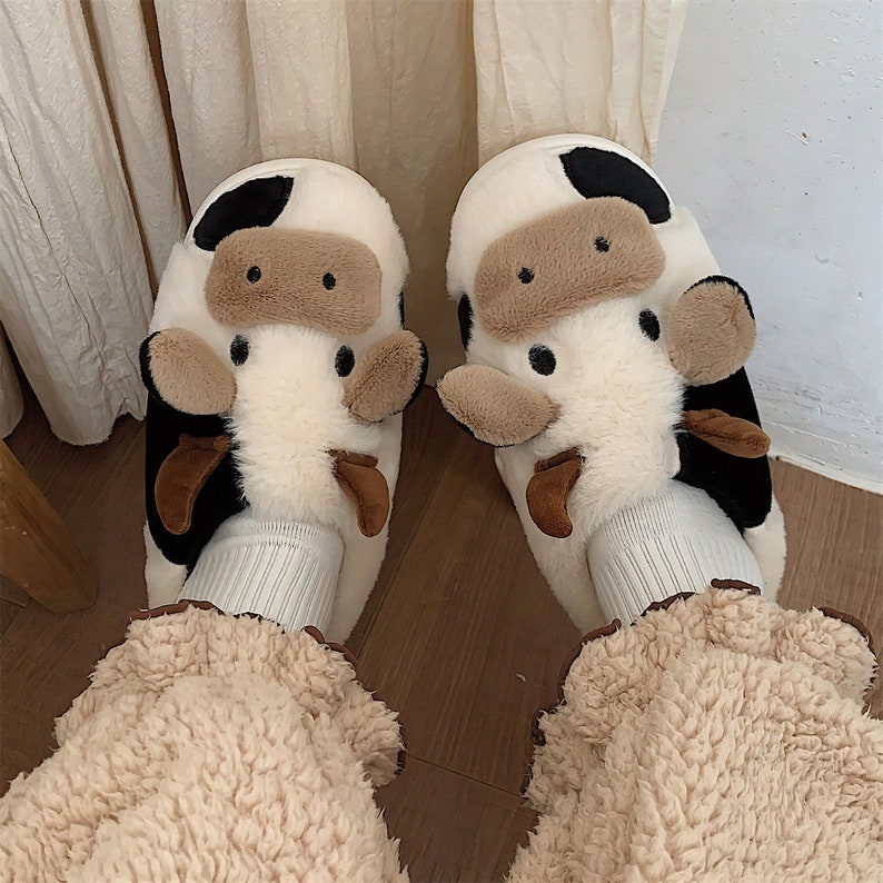Fluffy Cow Slippers Cute Cow Slippers Moo Slippers Etsy