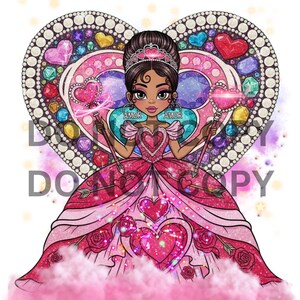 Könnte beinhalten: Eine digitale Illustration einer Prinzessin in einem rosa Kleid, die einen herzförmigen Zauberstab hält. Der Hintergrund zeigt ein herzförmiges Design mit Juwelen. Das Wort "AMOR" ist auf dem Kleid der Prinzessin zu sehen. Das Bild ist mit "PNG FILE" und "DO NOT COPY" beschriftet.