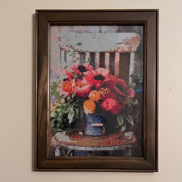 Completed and Framed "Bouquet On An Old Wooden Chair" Diamond Art/ Diamond Painting