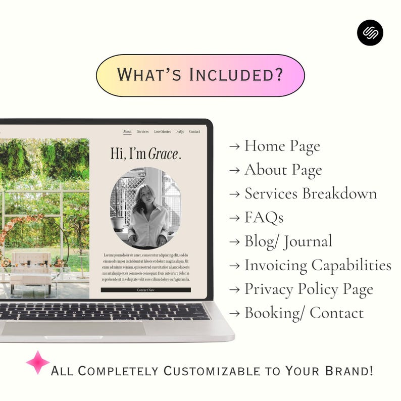 May include: A laptop computer screen displaying a website mockup with the text "Hi, I'm Grace." and a list of website pages included in the design: Home Page, About Page, Services Breakdown, FAQs, Blog/Journal, Invoicing Capabilities, Privacy Policy Page, and Booking/Contact. The text "ALL COMPLETELY CUSTOMIZABLE TO YOUR BRAND!" is displayed below the laptop.