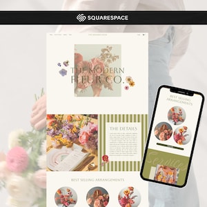 May include: A website interface for The Modern Fleur Co. displayed on a desktop screen and a mobile phone. The design features floral photography, serif typography, and a color palette of cream, olive green, and pink. Text includes The Modern Fleur Co.