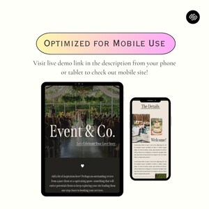 May include: A screenshot of a website for a wedding planning company called "Event & Co." The website is optimized for mobile use and features a photo of a wedding ceremony taking place in a garden setting. The text "Let's Celebrate Your Love Story" is displayed below the photo. The website also includes a section titled "The Details" with a welcome message.