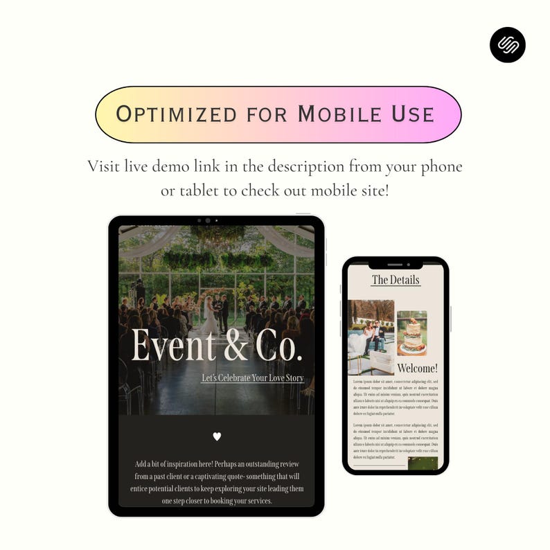 May include: A screenshot of a website for a wedding planning company called "Event & Co." The website is optimized for mobile use and features a photo of a wedding ceremony taking place in a garden setting. The text "Let's Celebrate Your Love Story" is displayed below the photo. The website also includes a section titled "The Details" with a welcome message.