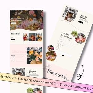 Puede incluir: Maqueta de sitio web para una floristería llamada Flower Co. El sitio web presenta imágenes de arreglos florales, un formulario de contacto y una sección para los mejores vendedores. El texto "Let's Spice Up Your Event!" aparece en el sitio web.
