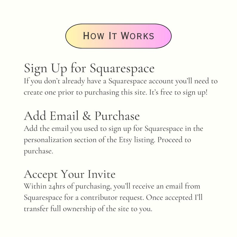 May include: A text-based graphic explaining how to purchase a Squarespace website. The graphic includes the text "HOW IT WORKS", "Sign Up for Squarespace", "Add Email & Purchase", and "Accept Your Invite".