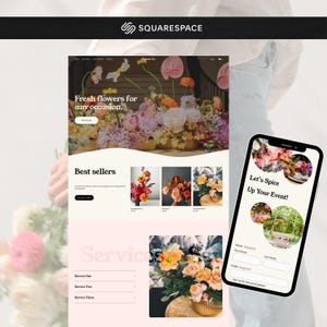 May include: A website design layout for a flower shop named Flower Co. featuring a hero image of floral arrangements, a best sellers section, and a services list. A mobile phone displays a contact form with the text Let's Spice Up Your Event.