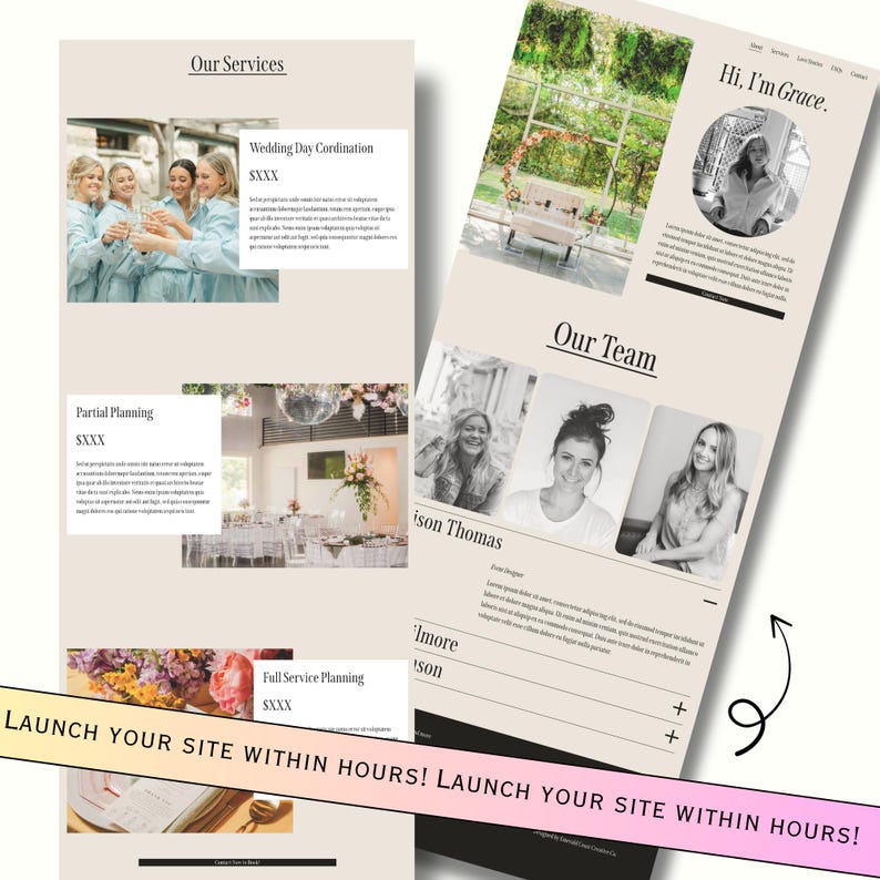 May include: A website screenshot showing a wedding planning business. The website features a light beige background with black text. The website includes a section for services, a section for the team, and a section for the business owner. The website also includes a call to action to launch a website within hours.