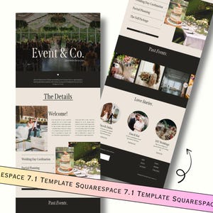 May include: A website screenshot showing a Squarespace template for an event planning business called "Event & Co." The website features a black and white color scheme with images of wedding events and a section for past events.