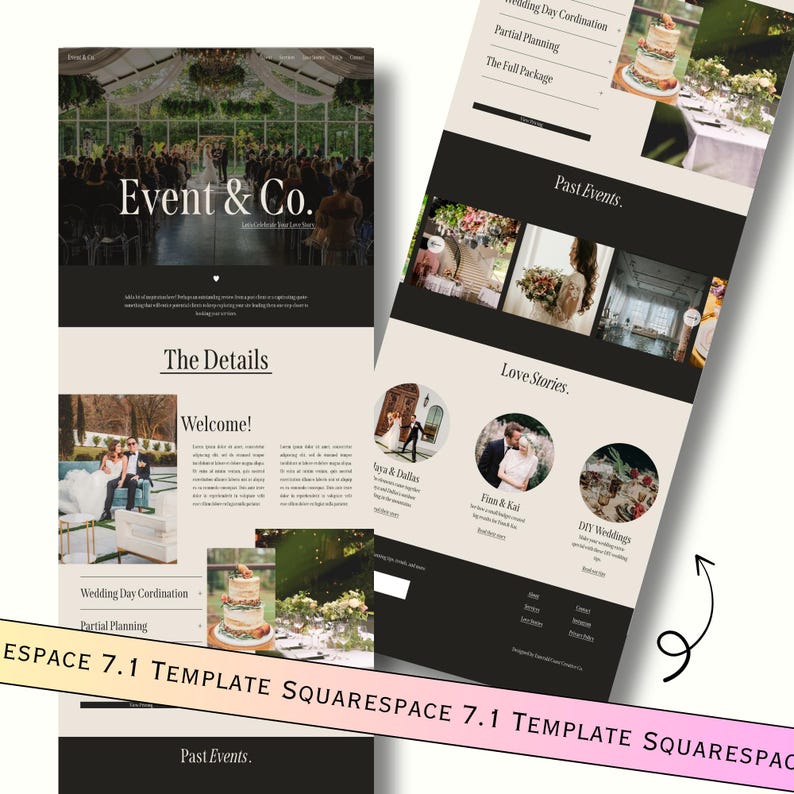 May include: A website screenshot showing a Squarespace template for an event planning business called "Event & Co." The website features a black and white color scheme with images of wedding events and a section for past events.