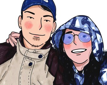 Custom Couple Cartoon Portrait, Minimalist Pet Illustration (Digital Download)