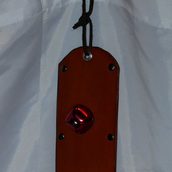 Handcrafted Light Brown Sleigh bells, Three Inches wide and Twenty-Four inches Long with Six Red bells and decorative Rivets