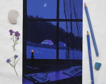 Blue hour print, fine art giclee print, wall art, cozy cottagecore candlelight illustration, night scene