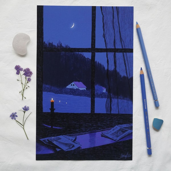 Blue hour print, fine art giclee print, wall art, cozy cottagecore candlelight illustration, night scene