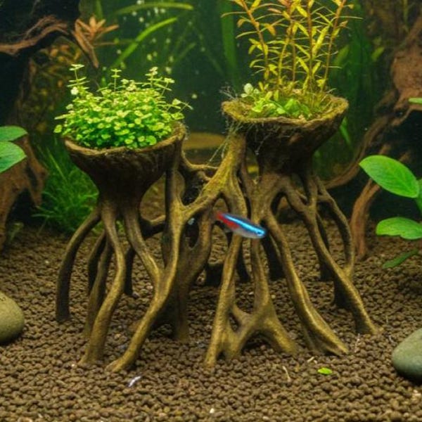 AQ12 - Double Mangrove Aquarium Planter Elevated Aquascape Root Decor Fish Tank Shrimp Betta Plant Holder 3D Printed Unpainted