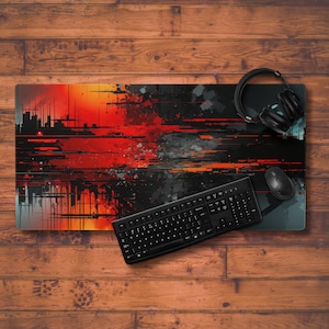 DM95 - Black Red Glitch Abstract | Sizes up to 36in x 18in | Gift for Gamer, Gift for Streamer, Custom Desk Mat, Desk Accessories, Desk Mat