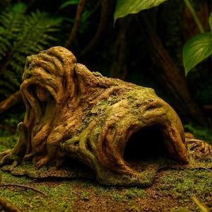 May include: A brown and green textured resin hideout for small animals, shaped like a hollowed-out tree stump with intricate bark details, gnarled roots, and a large arched opening on one side, featuring patches of moss-like green coloration.