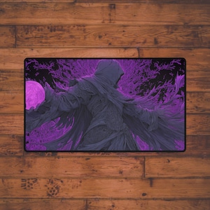 May include: A rectangular mousepad featuring a dark fantasy illustration. A robed figure with outstretched arms holds a glowing purple orb. The background is black with purple, stylized foliage.