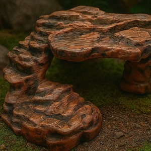 May include: A brown, artificial rock formation with a textured surface, designed to resemble natural stone. The structure has an archway and a curved, layered design, suitable for terrariums or reptile habitats.