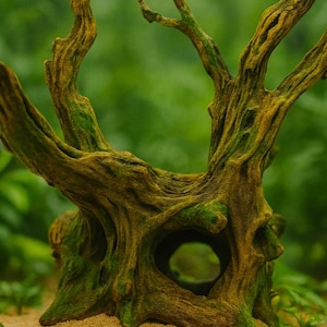 May include: A brown and green aquarium ornament shaped like a weathered tree stump with multiple gnarled branches extending upward and a hollow circular opening at the base, featuring textured bark details and patches of green moss-like coloration.