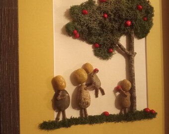 Framed Pebble Art - Apple Picking Family of 4