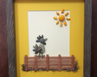 Framed Pebble Art - Rooster and the Sun