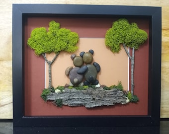 Framed Pebble Art - Teddy Bears Brown and Black