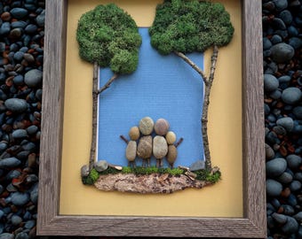 Framed Pebble Art - Family of Four with yellow and blue background