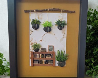 Framed Pebble Art - Hanging Plants with Bookshelf