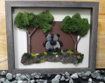 Framed Pebble Art - Teddy Bears Black and Gray