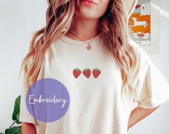 Embroidered Comfort Colors Strawberry Shirt Cottagecore Shirt Comfort Colors Shirt Strawberry Gifts Embroidered Shirt