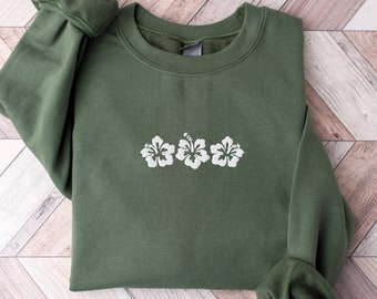 Embroidered Hibiscus Sweatshirt: Floral Crewneck, Sister Gift