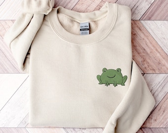 Embroidered Frog Crewneck Sweatshirt - Preppy Sweater