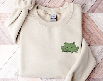 Embroidered Grumpy Frog Sweatshirt Frog Sweater Cottagecore Frog Embroidery Frog Shirt Frog Gifts for Her Embroidered Crewneck Sweatshirt